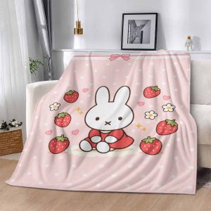 Cute Rabbit Flannel Blanket. Strawberry And Flower Print Pattern. Soft Lightweight Plush Throw. Suitable For Bed. Sofa. Camping. Cold Movie Theater Or Travel! A Perfect Gift For Family And Friends.