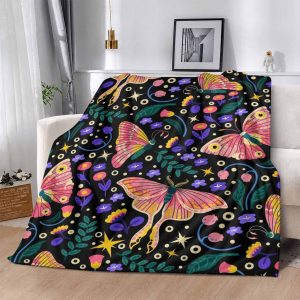 Botanical Butterfly Moth Flannel Blanket. Colorful Floral Insect Pattern. Soft Cozy Lightweight Plush Throw Blanket. Suitable for Bed. Sofa. Camping. Cold Movie Theater or Travel. Perfect Gift for Family and Friends.