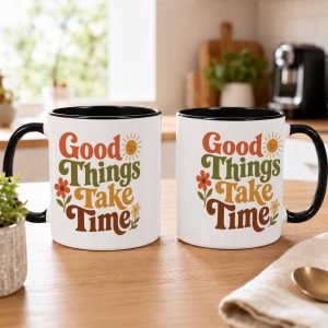 Good Things Take Time Mug (11oz/15oz)， Retro Positive Quote Floral Sun Print， Colorful Durable Ceramic Coffee Cup， Ideal for Office， Home， Inspirational Gift， Birthday， Encouraging Daily Use